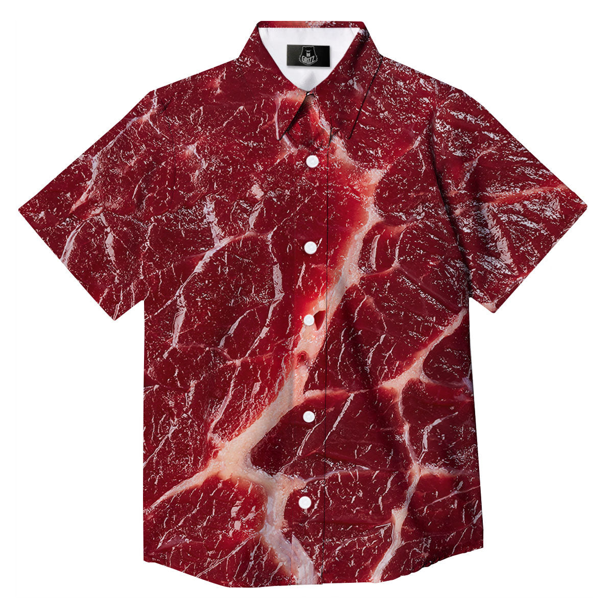Texture Red Meat Print Button Up Shirt-grizzshop
