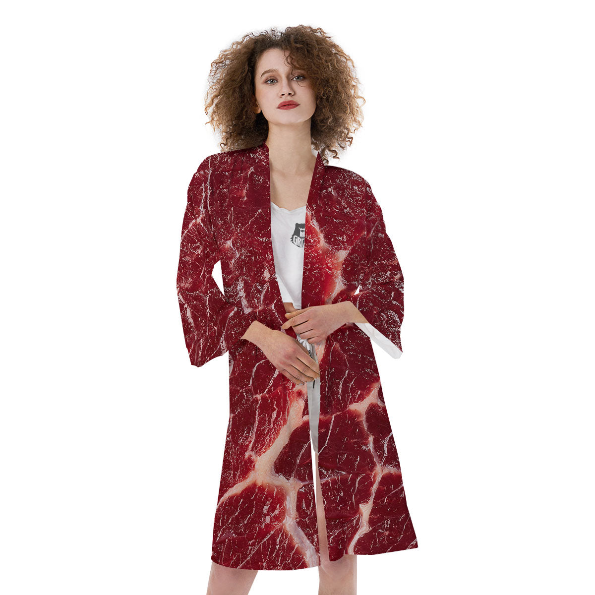 Texture Red Meat Print Kimono-grizzshop
