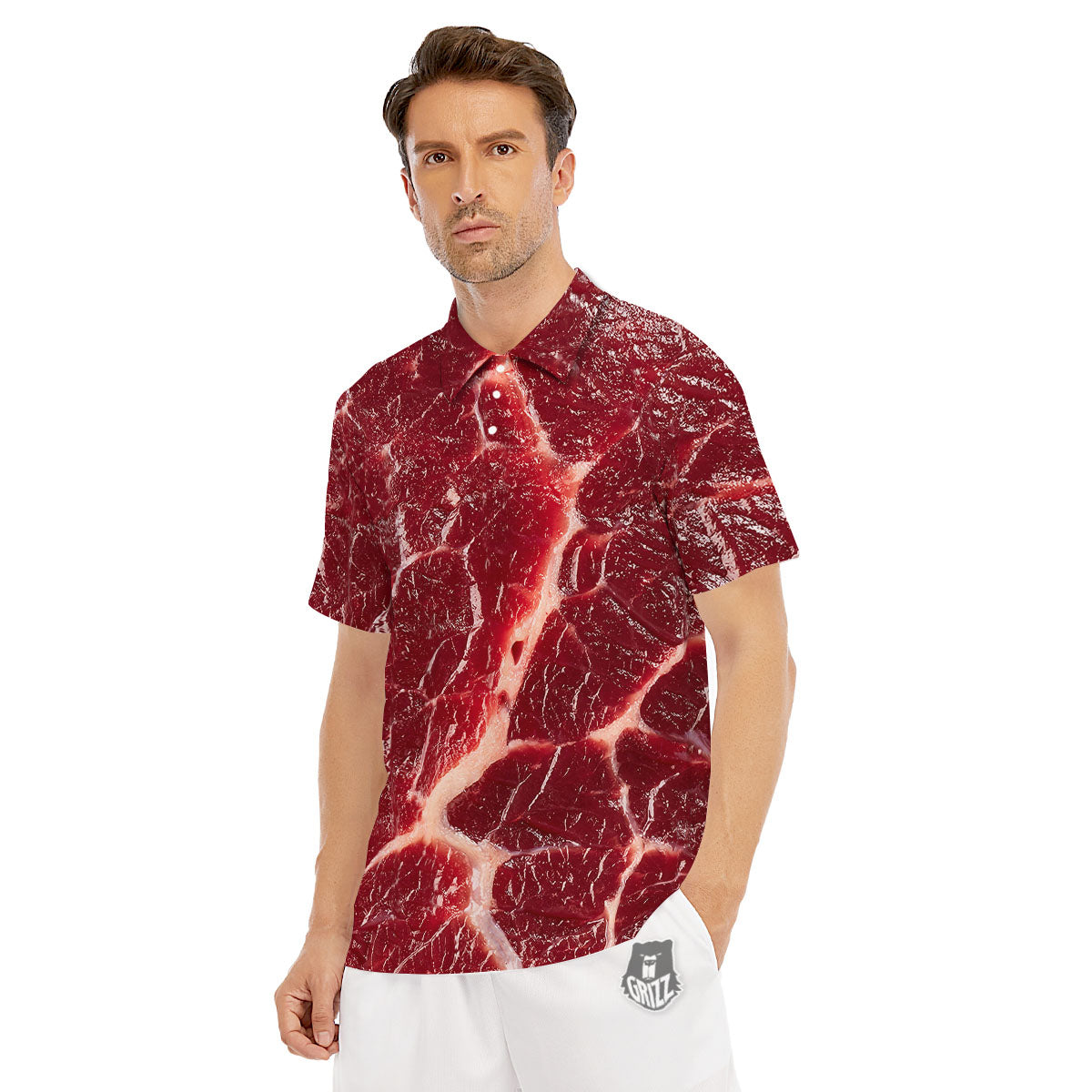 Texture Red Meat Print Men's Golf Shirts-grizzshop