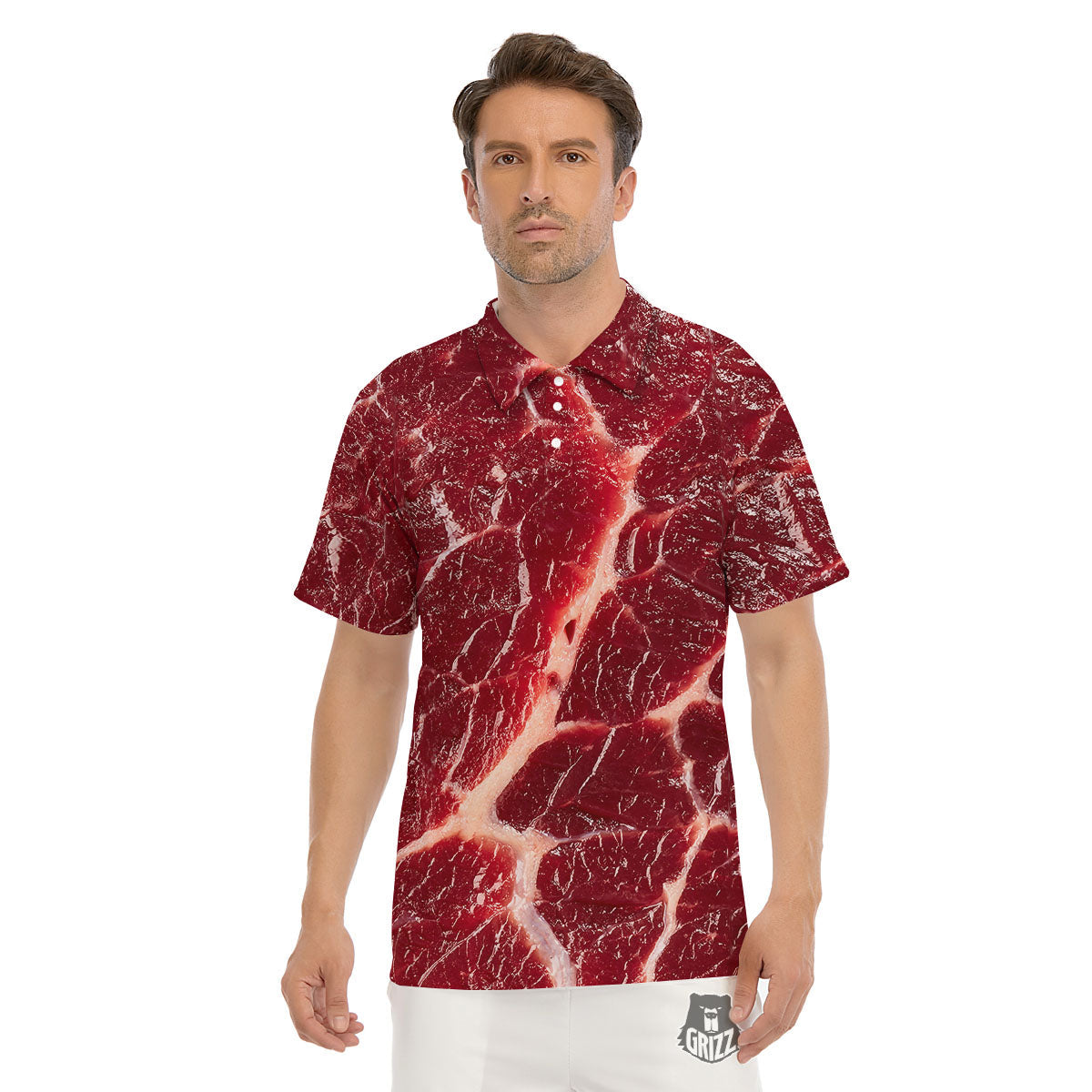 Texture Red Meat Print Men's Golf Shirts-grizzshop