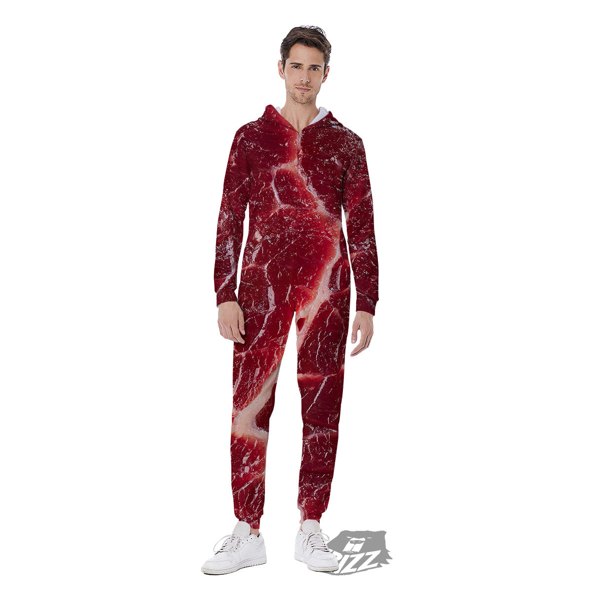 Texture Red Meat Print Men's Jumpsuit-grizzshop