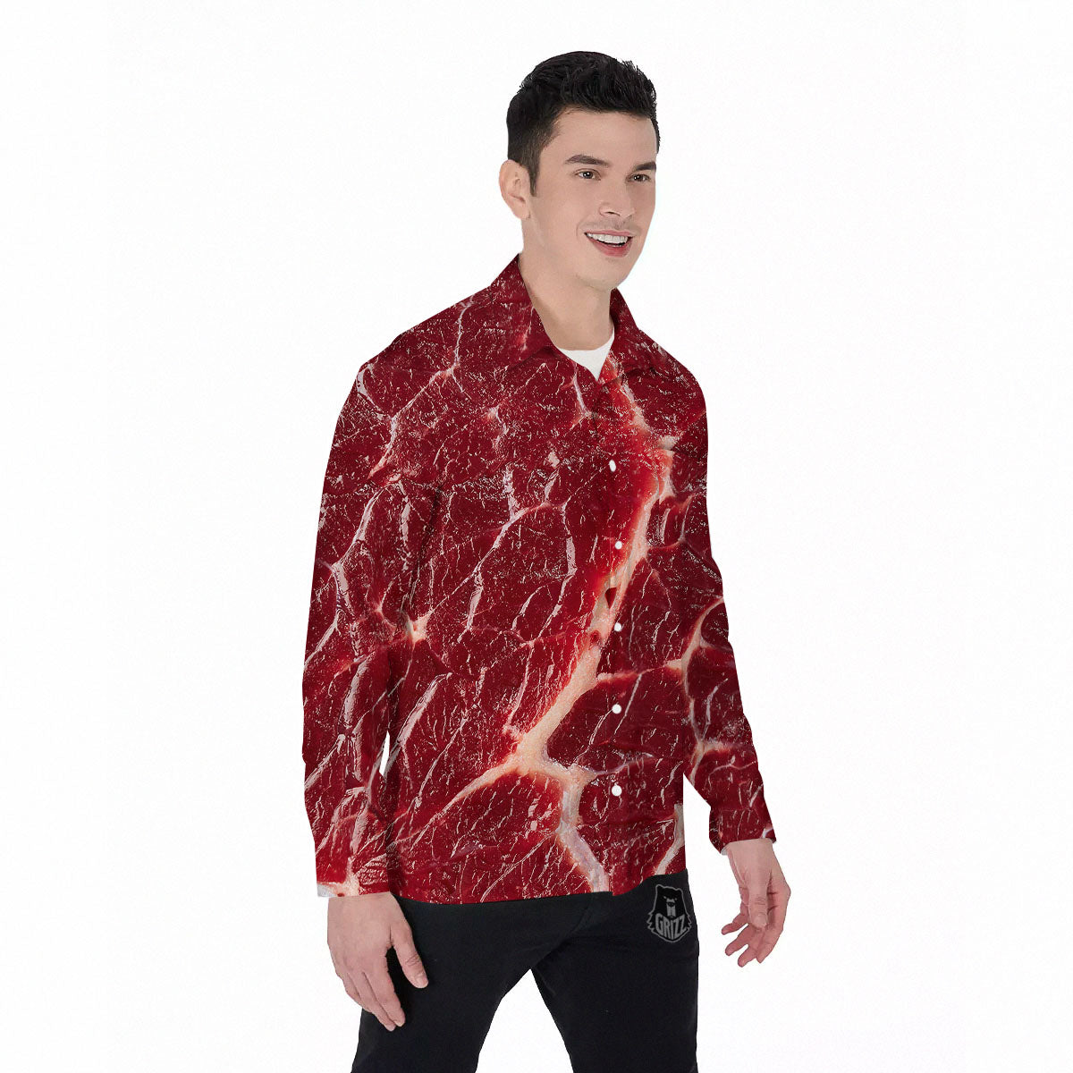Texture Red Meat Print Men's Long Sleeve Shirts-grizzshop