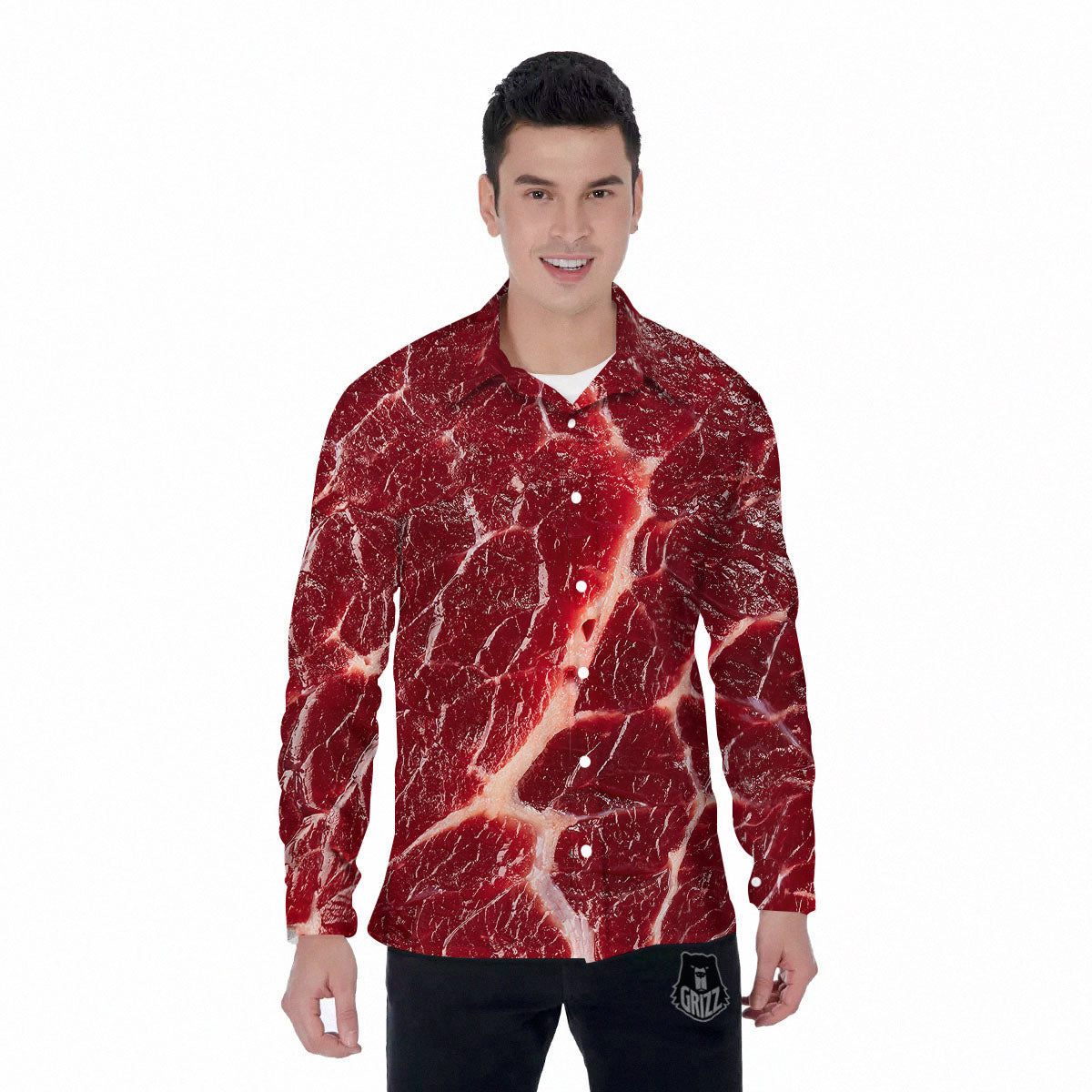 Texture Red Meat Print Men's Long Sleeve Shirts-grizzshop