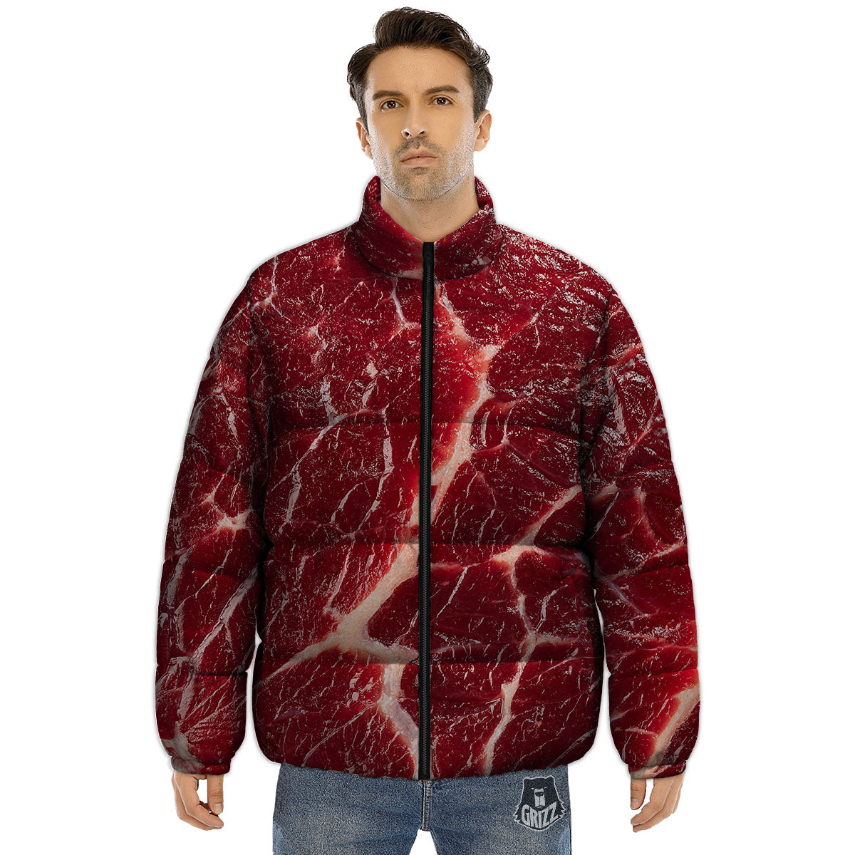 Texture Red Meat Print Puffer Jacket-grizzshop