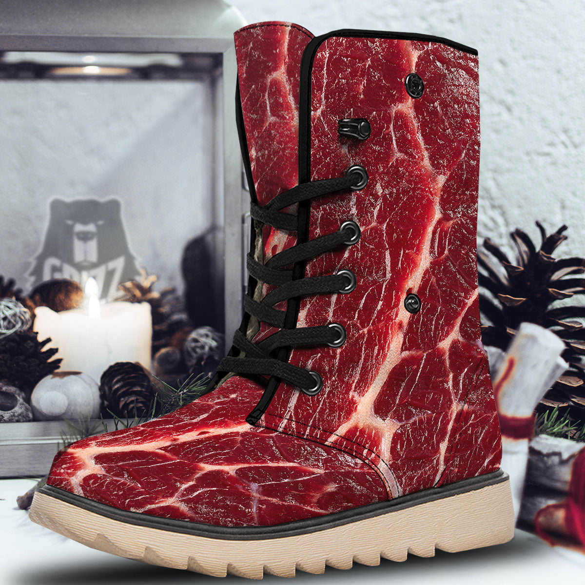 Texture Red Meat Print Snow Boots-grizzshop