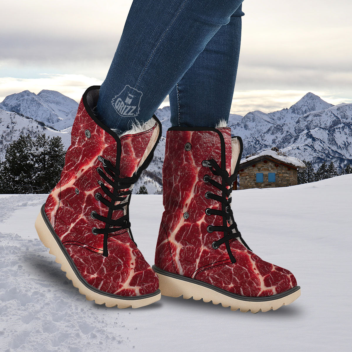 Texture Red Meat Print Snow Boots-grizzshop