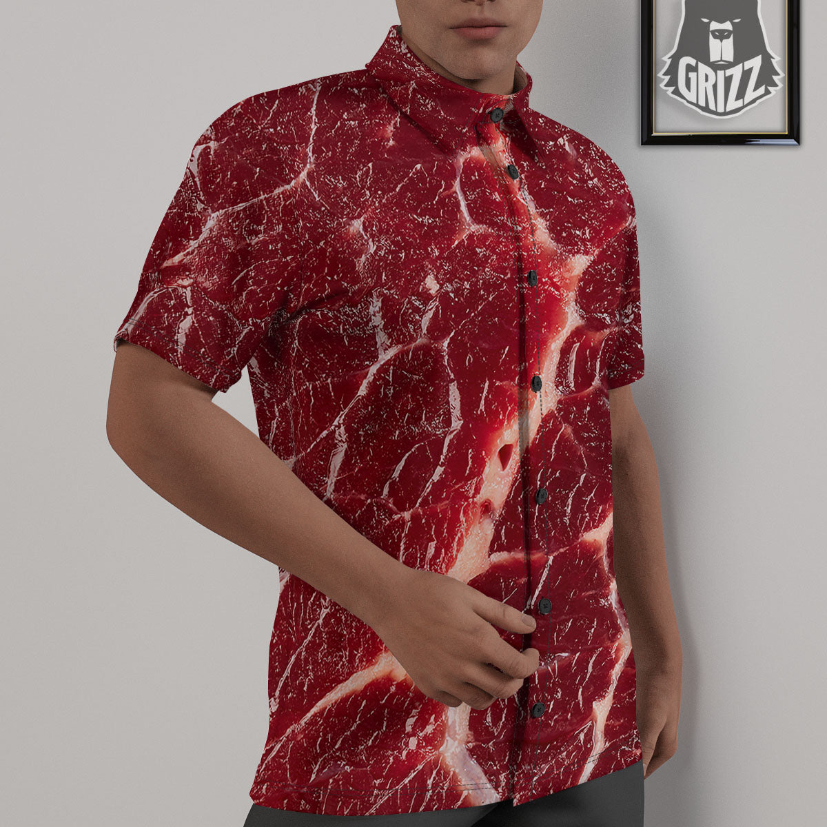 Texture Red Meat Print Untucked Shirts-grizzshop