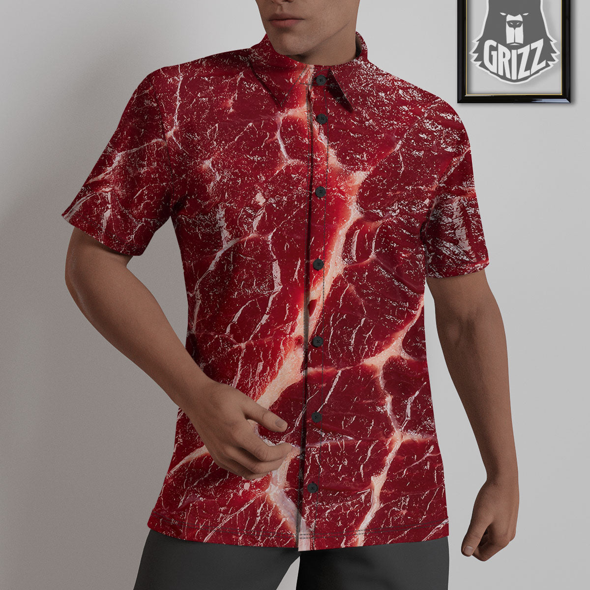 Texture Red Meat Print Untucked Shirts-grizzshop