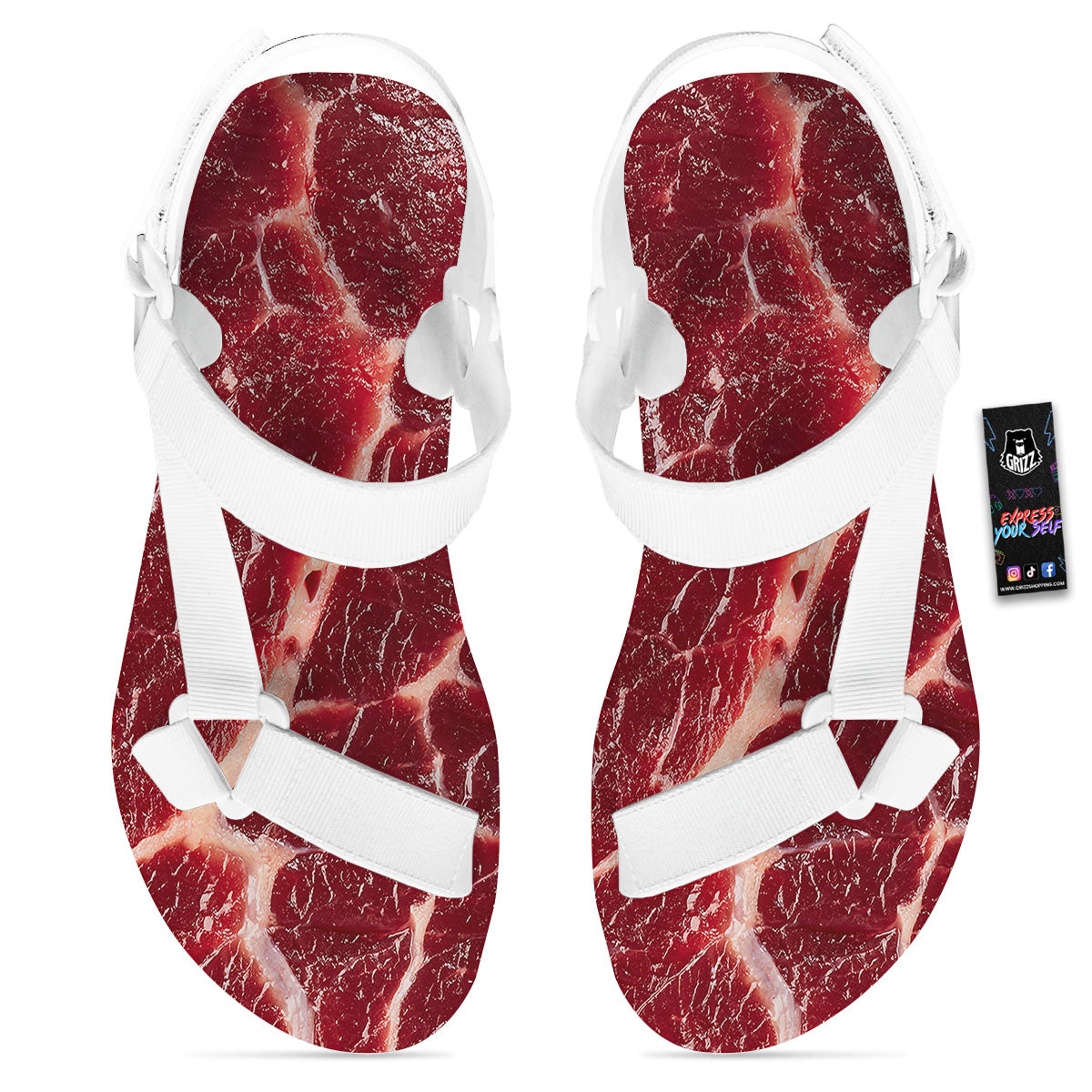 Texture Red Meat Print White Open Toe Sandals-grizzshop