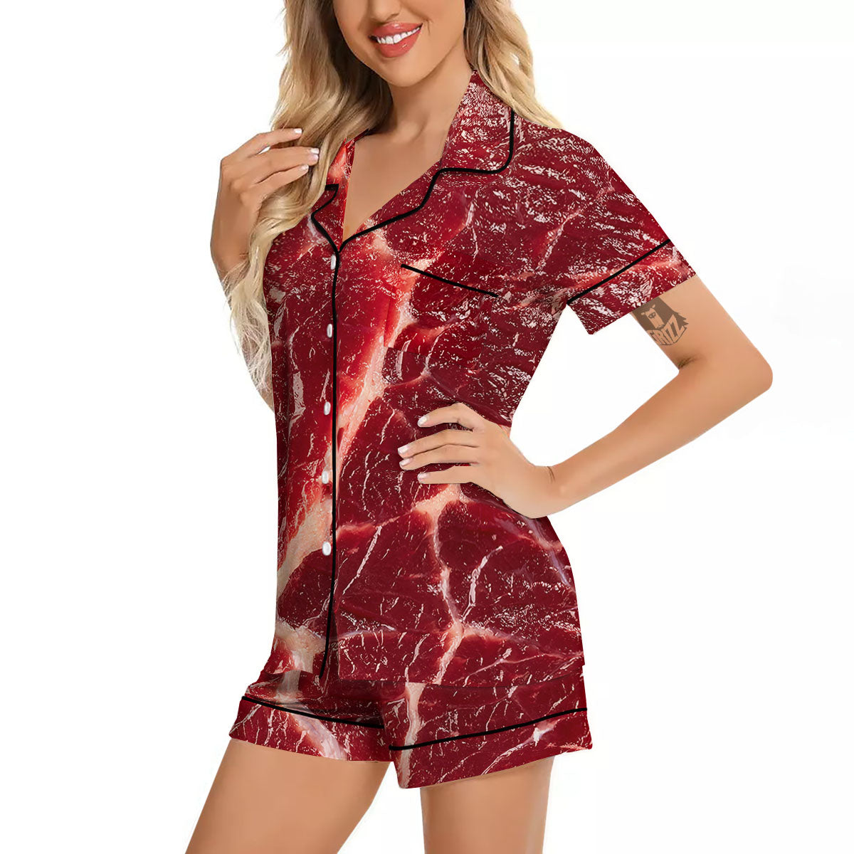 Texture Red Meat Print Women Silk Pajamas-grizzshop