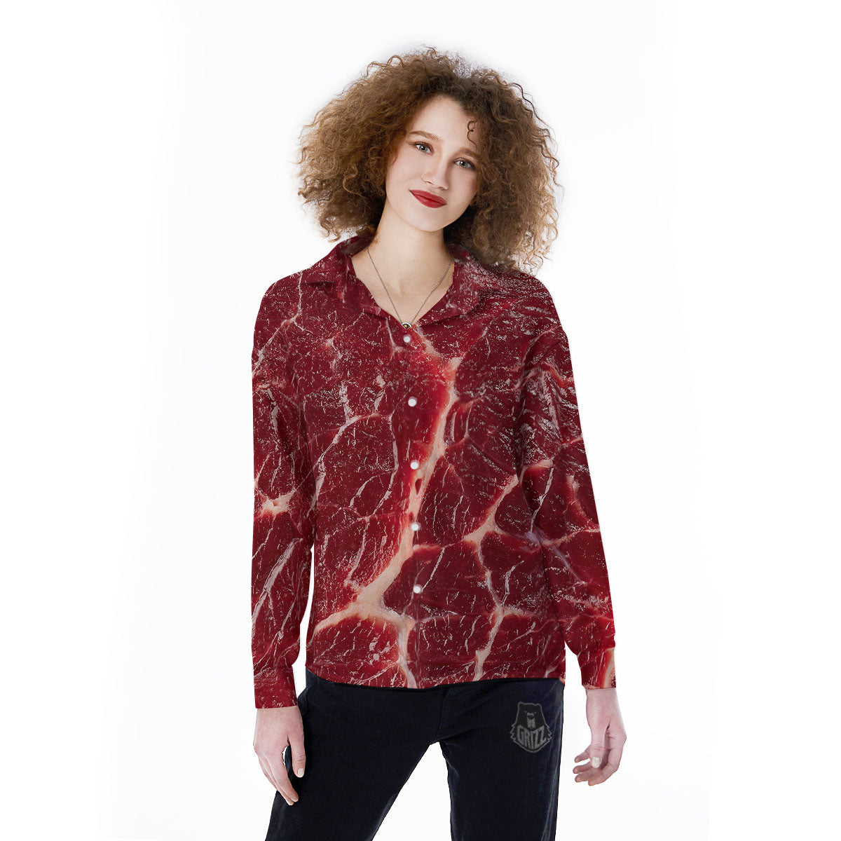 Texture Red Meat Print Women's Long Sleeve Shirts-grizzshop