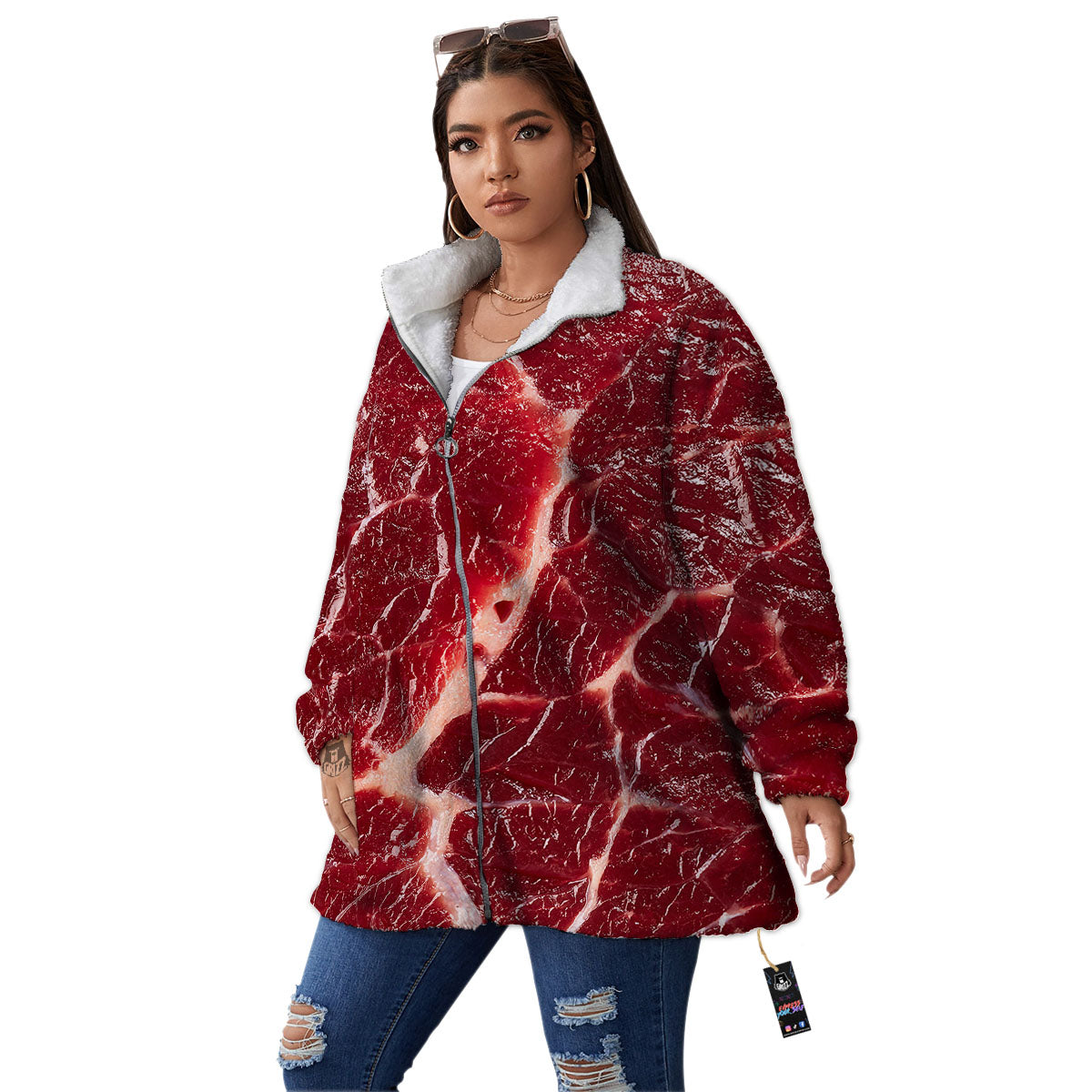 Texture Red Meat Print Women's Sherpa Jacket-grizzshop