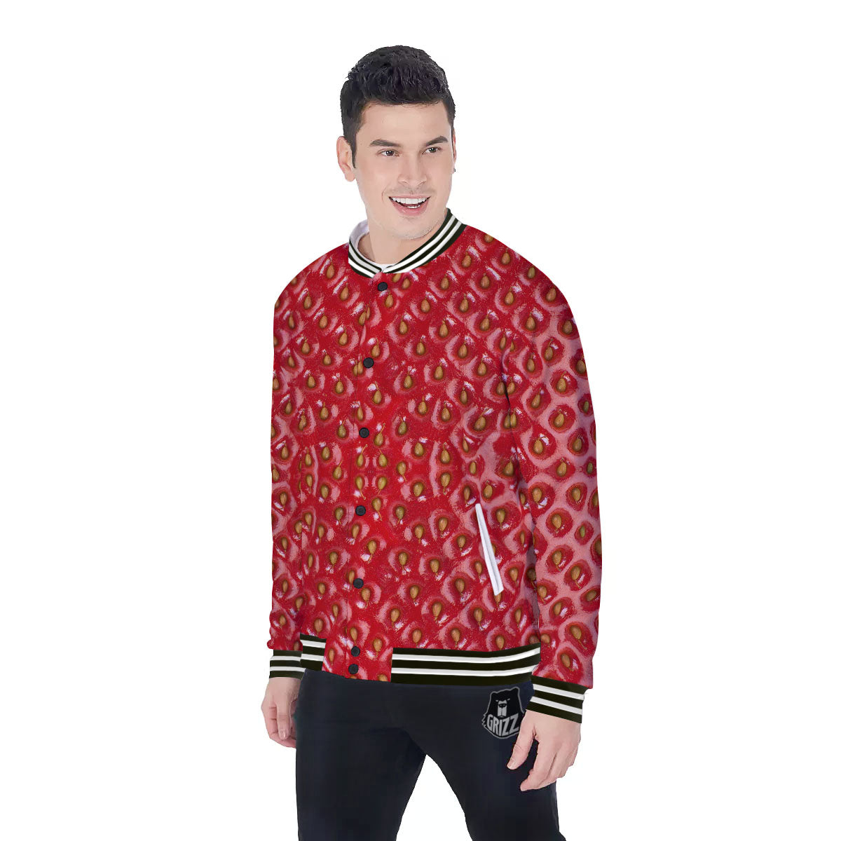 Texture Red Strawberry Print Baseball Jacket-grizzshop