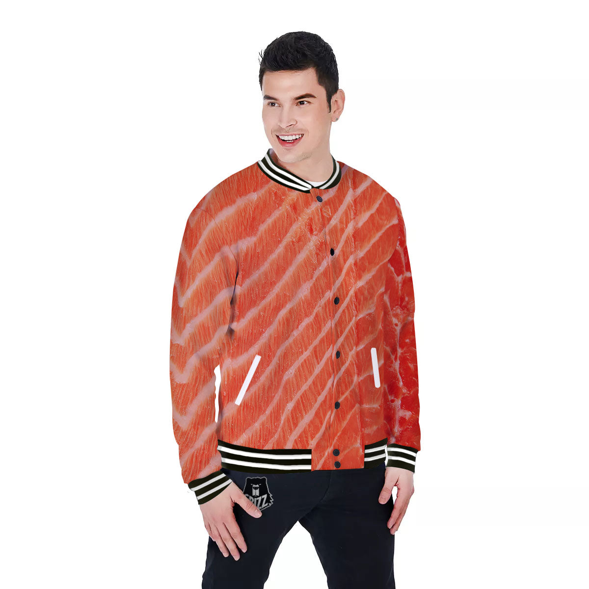 Texture Salmon Print Baseball Jacket-grizzshop