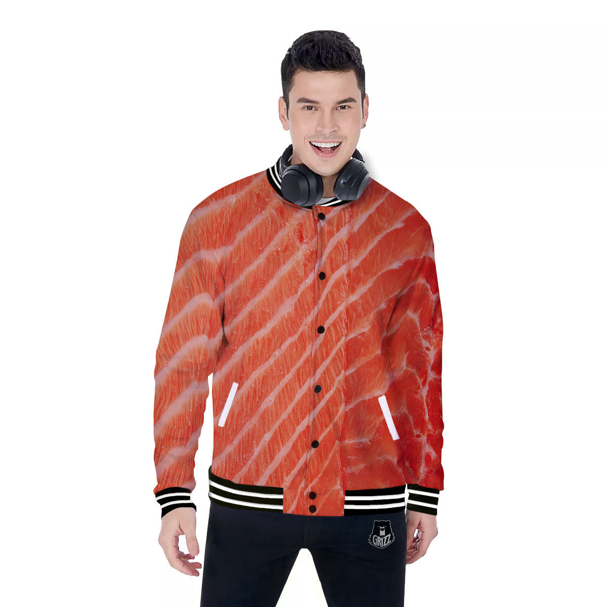 Texture Salmon Print Baseball Jacket-grizzshop