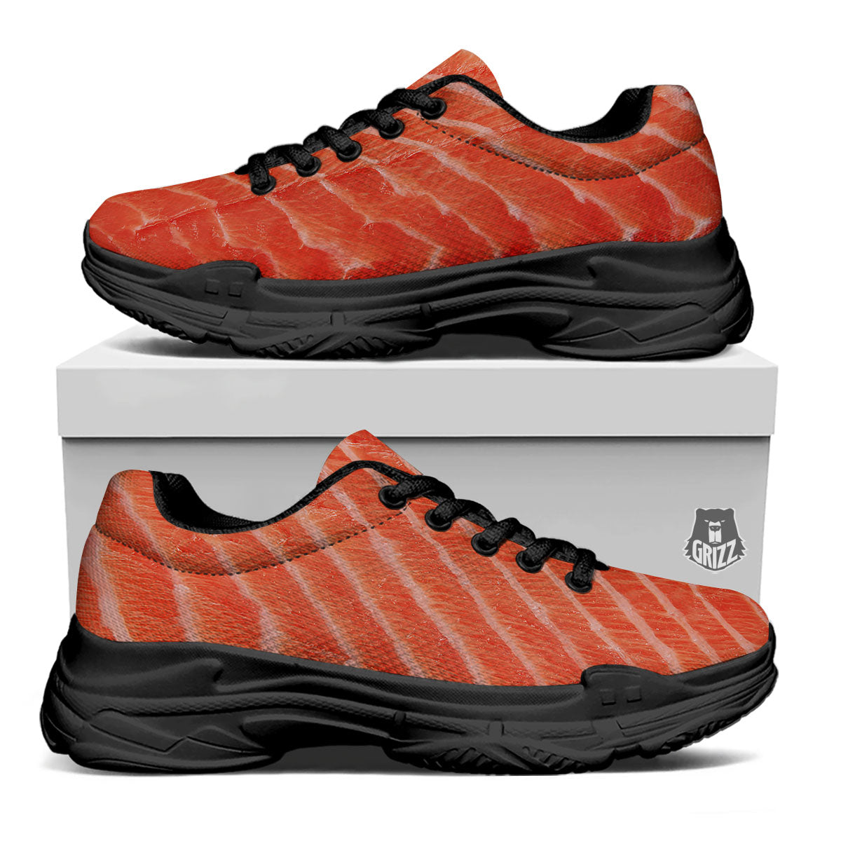 Texture Salmon Print Black Chunky Shoes-grizzshop