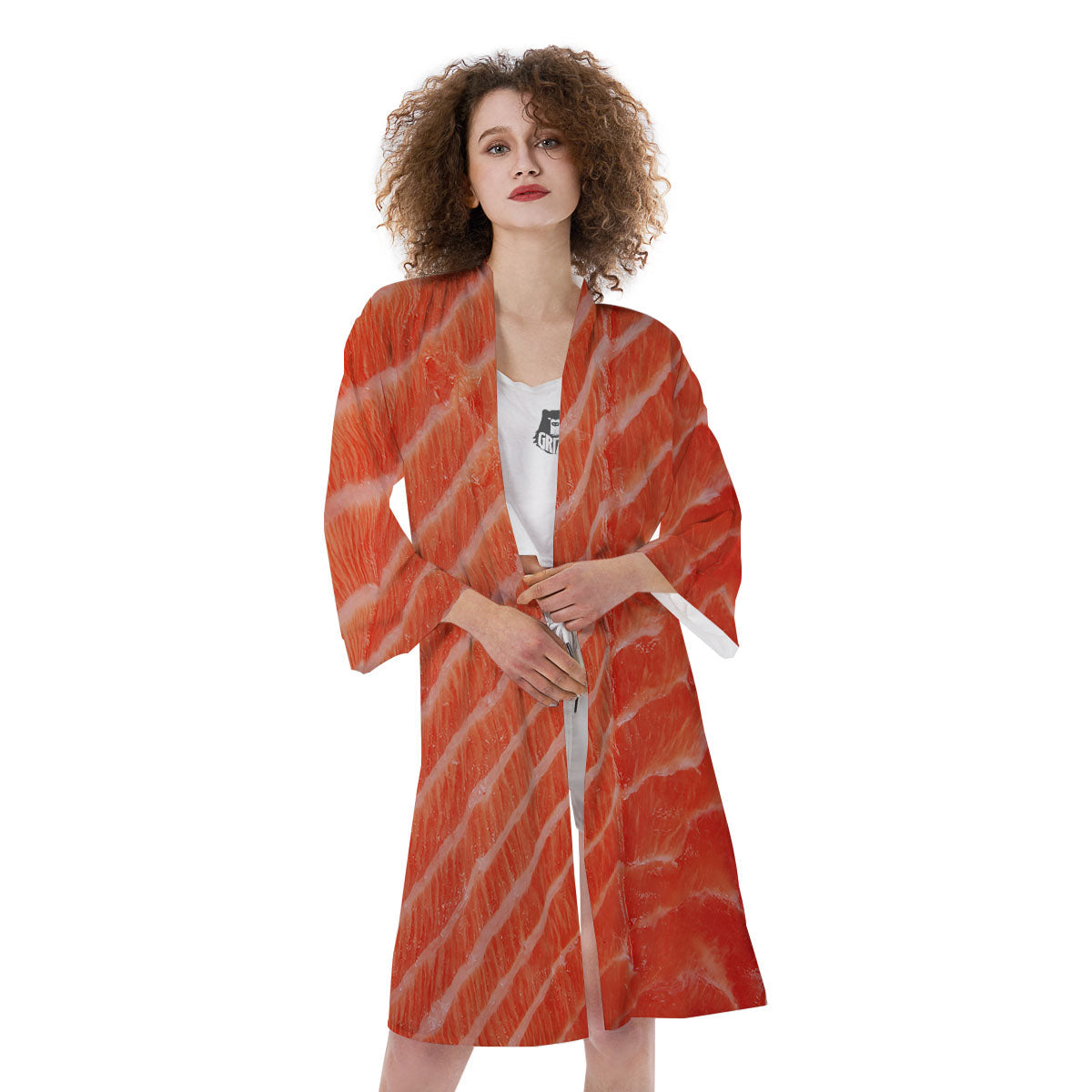 Texture Salmon Print Kimono-grizzshop