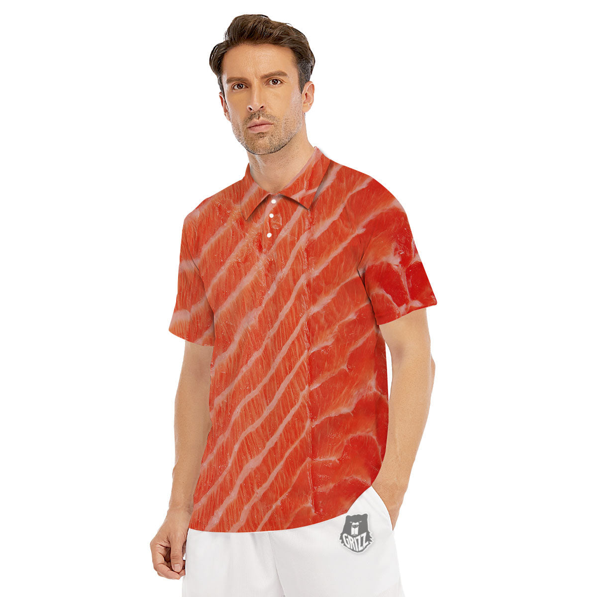 Texture Salmon Print Men's Golf Shirts-grizzshop