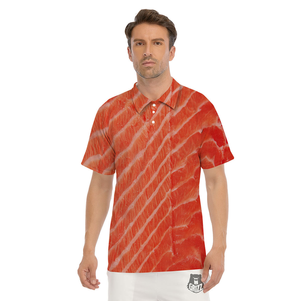 Texture Salmon Print Men's Golf Shirts-grizzshop