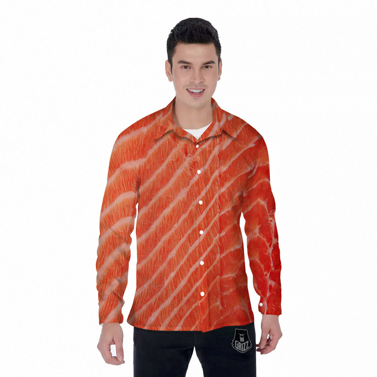 Texture Salmon Print Men's Long Sleeve Shirts-grizzshop