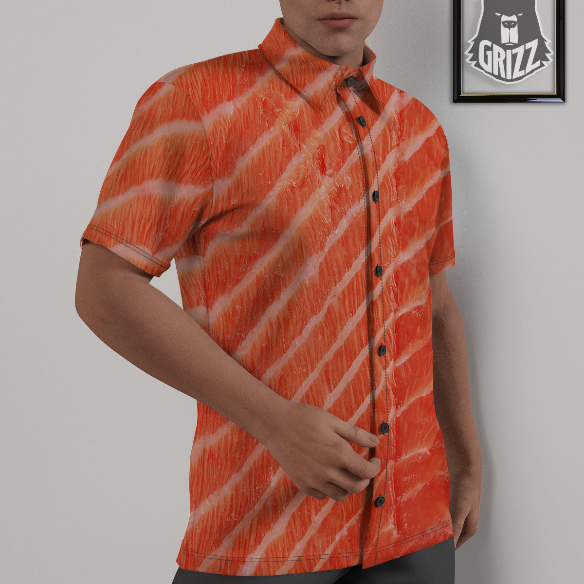 Texture Salmon Print Untucked Shirts-grizzshop