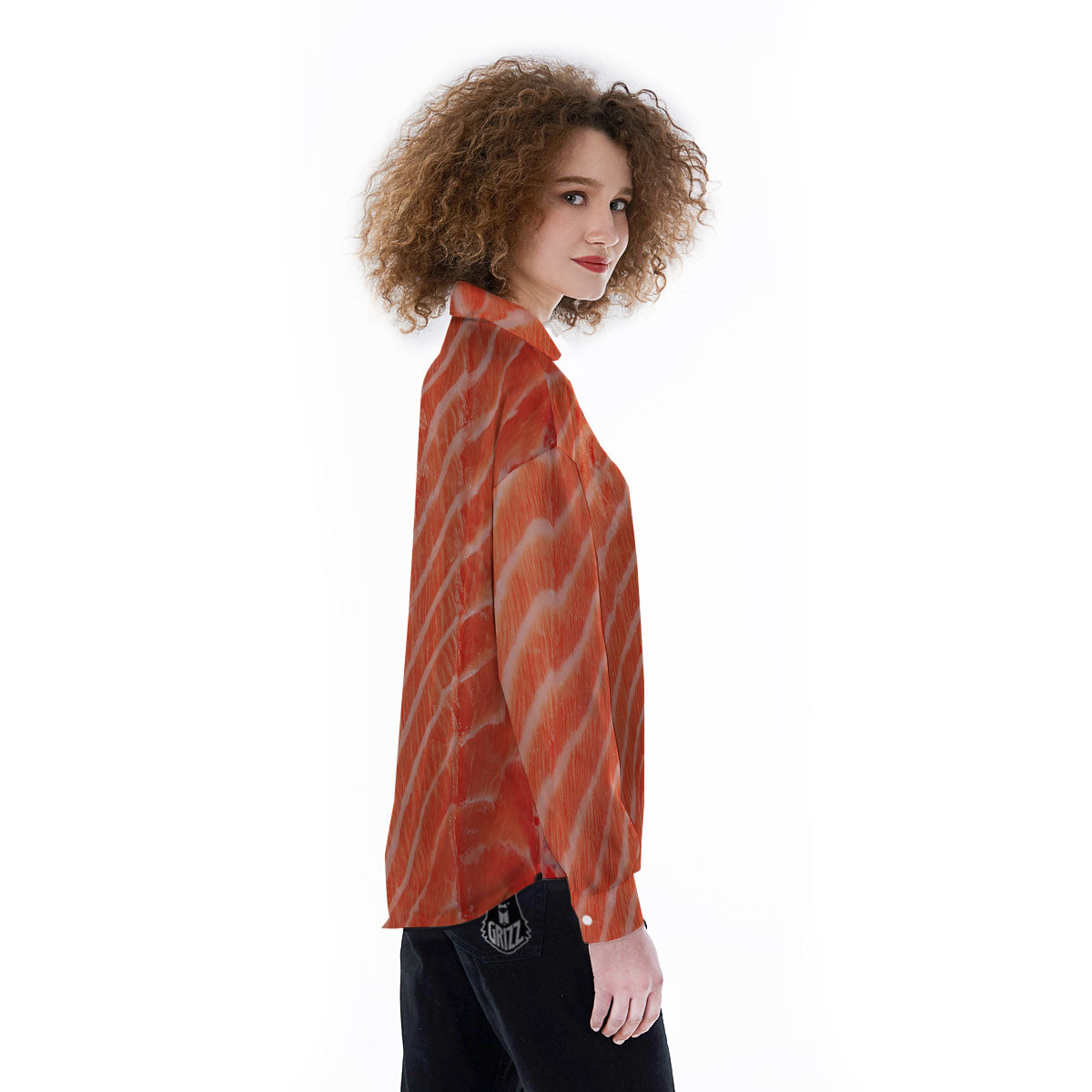 Texture Salmon Print Women's Long Sleeve Shirts-grizzshop