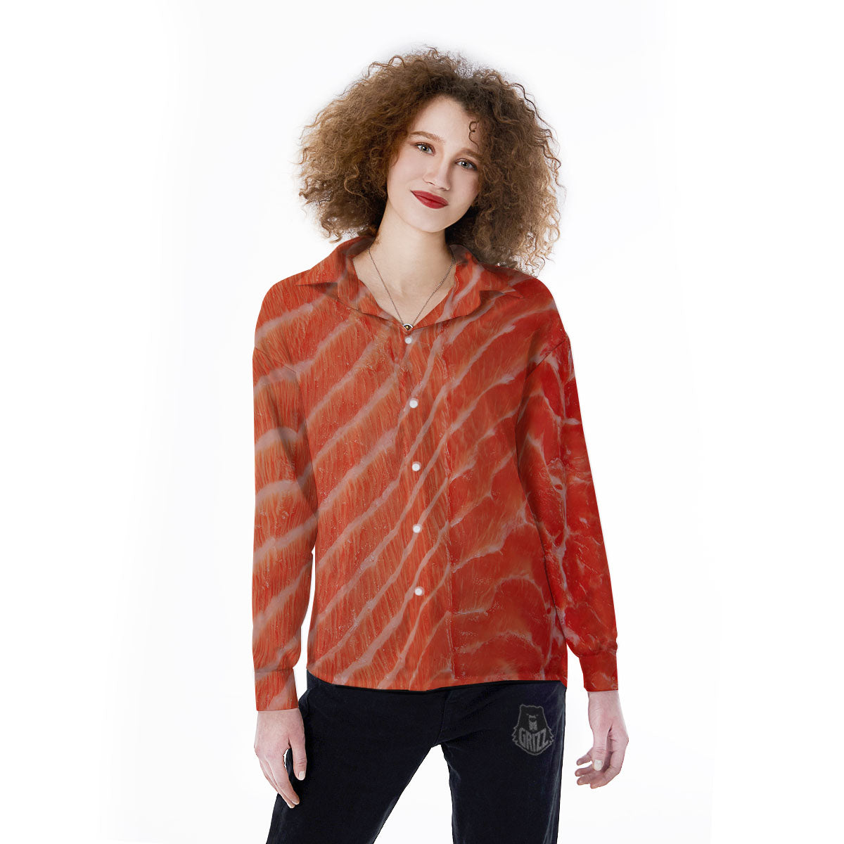 Texture Salmon Print Women's Long Sleeve Shirts-grizzshop
