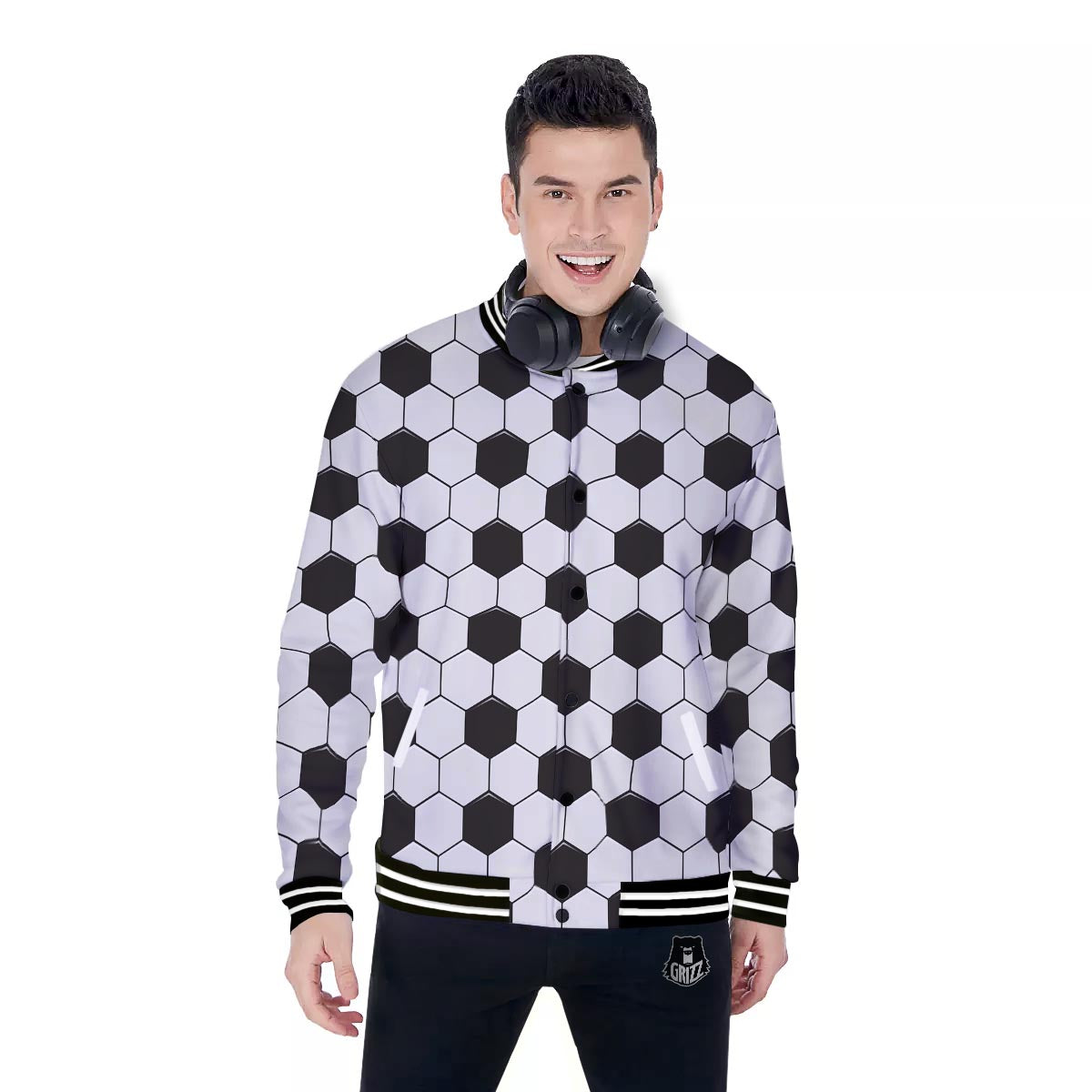Texture Soccer Ball Print Pattern Baseball Jacket-grizzshop