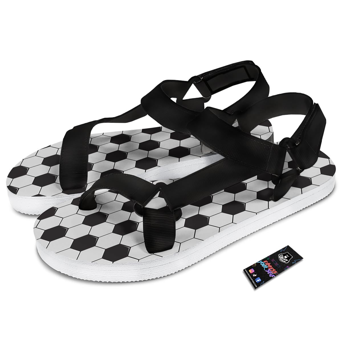 Texture Soccer Ball Print Pattern Black Open Toe Sandals-grizzshop