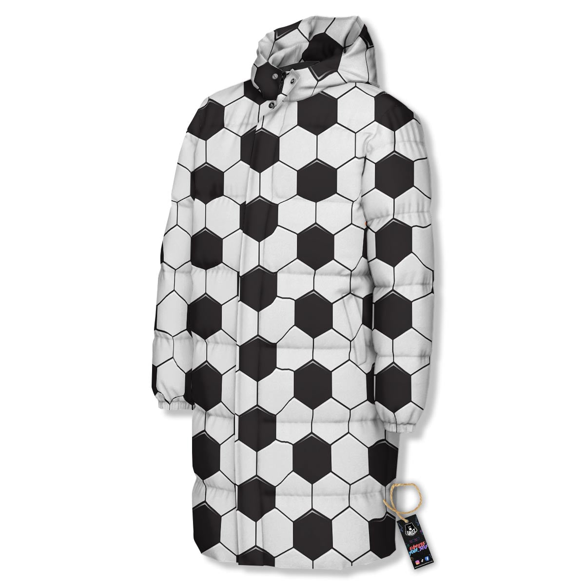 Texture Soccer Ball Print Pattern Long Down Jacket-grizzshop