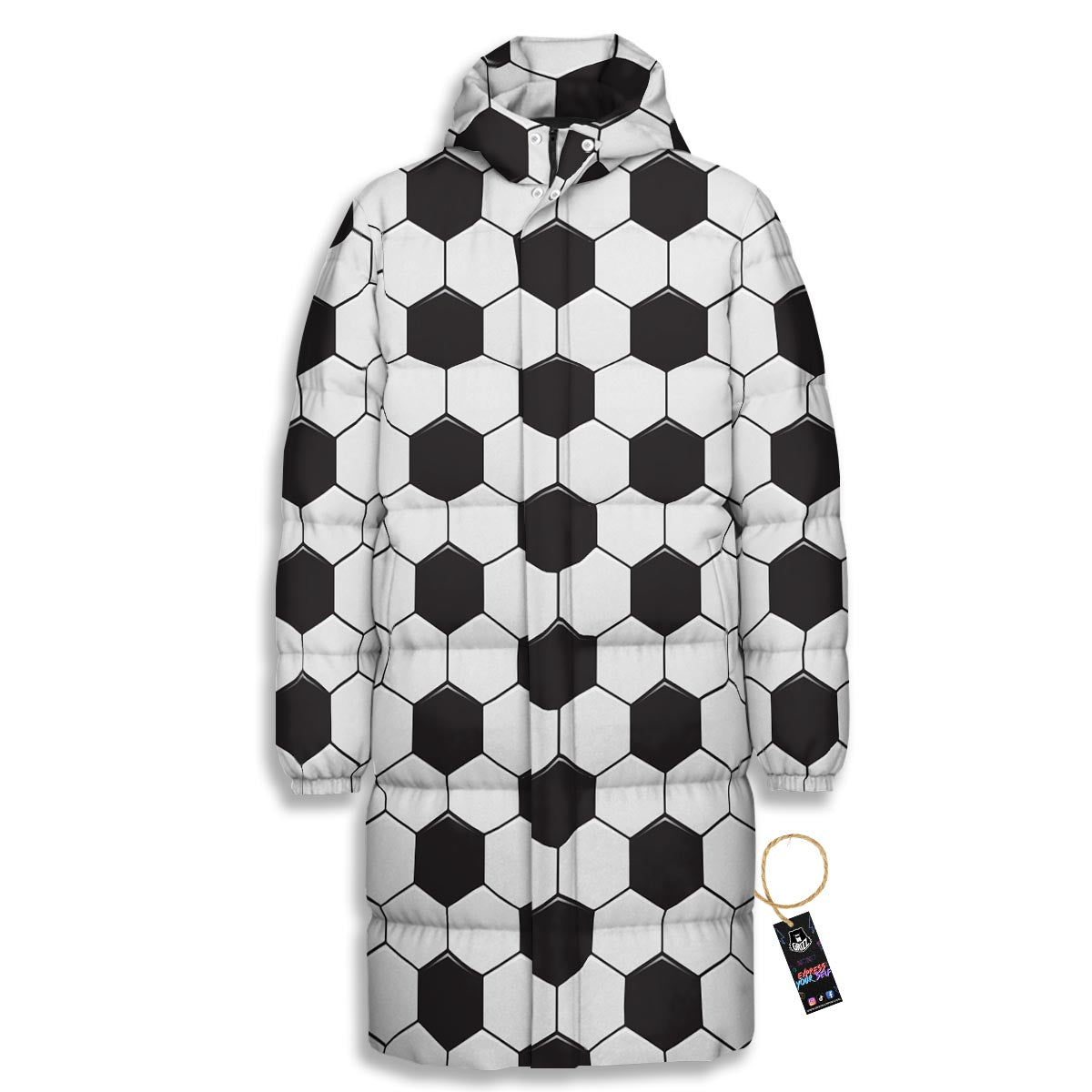 Texture Soccer Ball Print Pattern Long Down Jacket-grizzshop