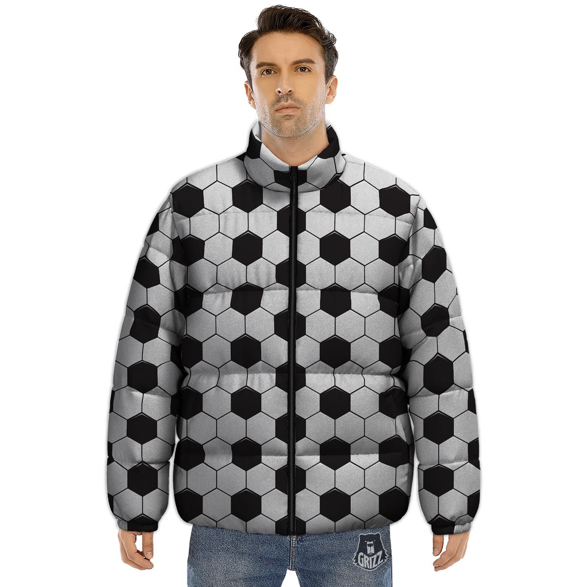 Texture Soccer Ball Print Pattern Puffer Jacket-grizzshop
