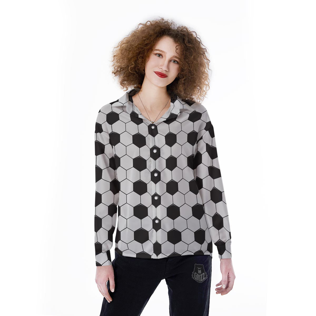 Texture Soccer Ball Print Pattern Women's Long Sleeve Shirts-grizzshop