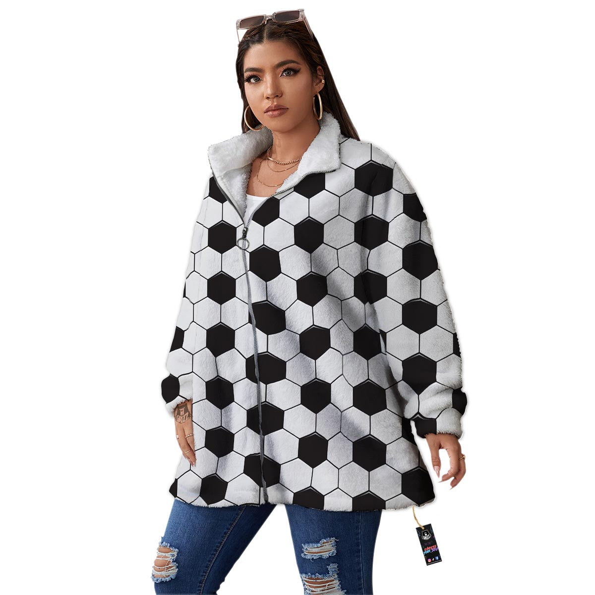 Texture Soccer Ball Print Pattern Women's Sherpa Jacket-grizzshop