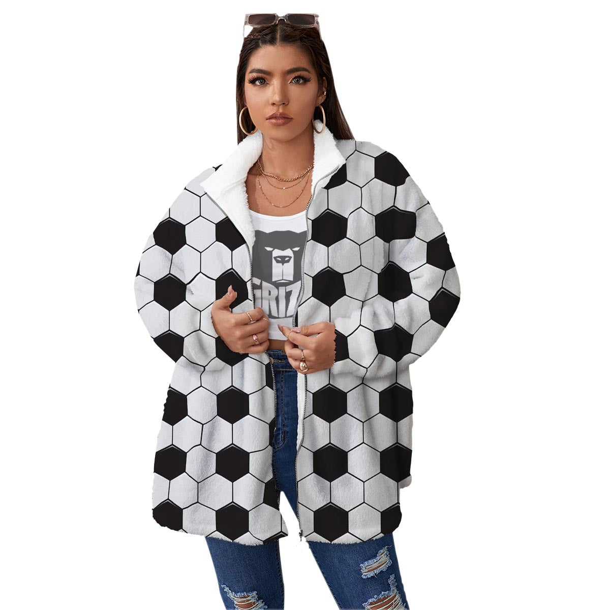 Texture Soccer Ball Print Pattern Women's Sherpa Jacket-grizzshop