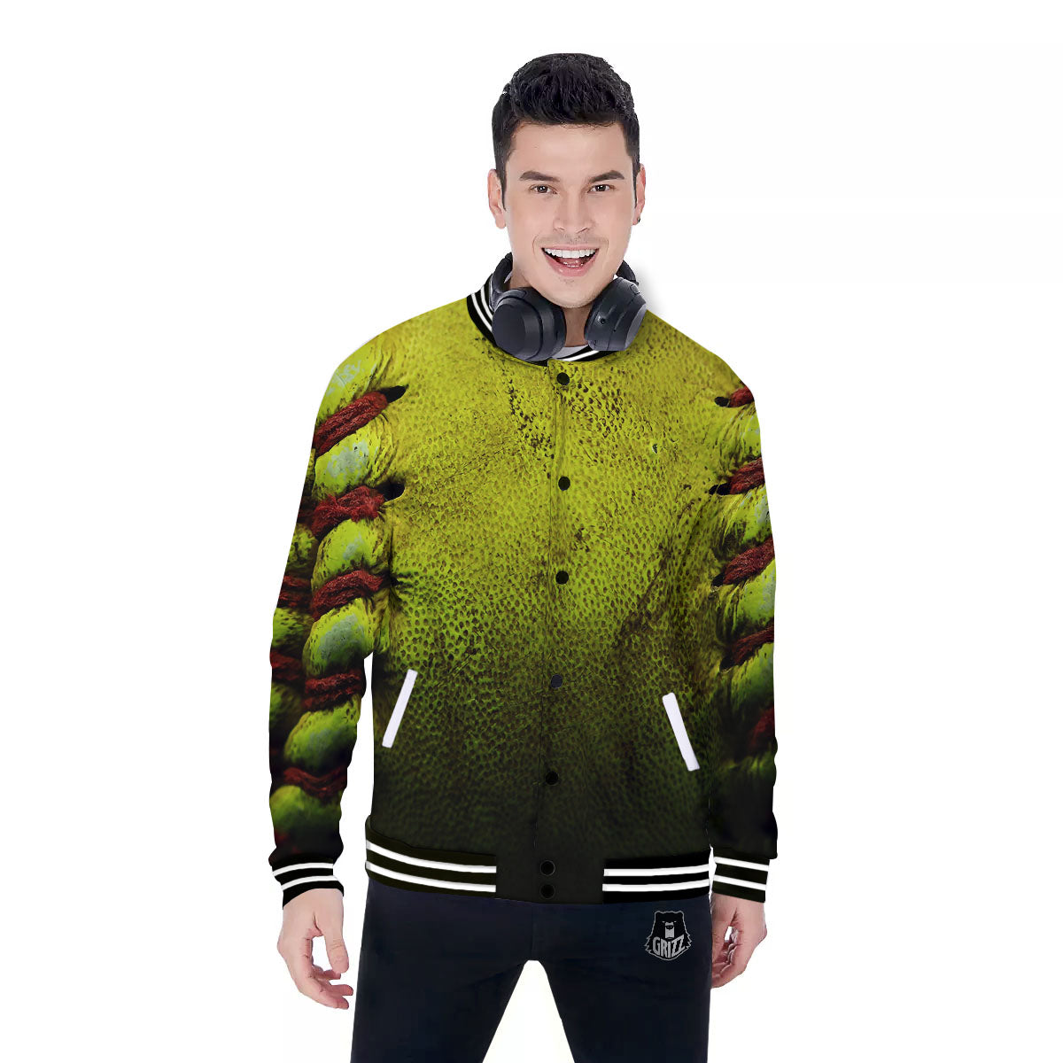 Texture Softball Ball Print Baseball Jacket-grizzshop