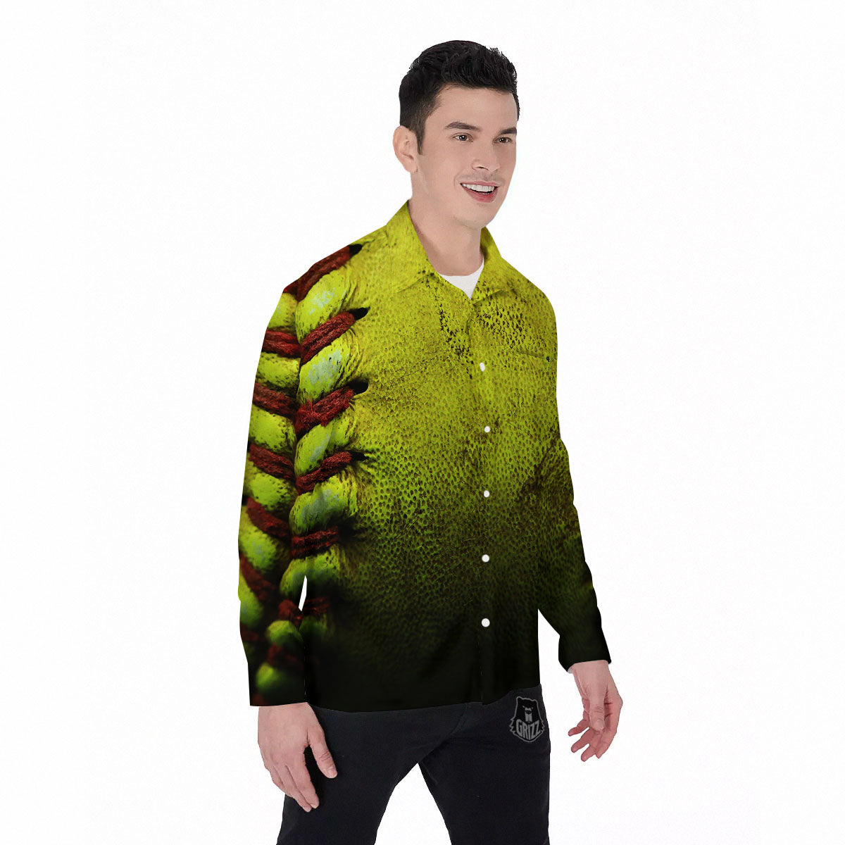 Texture Softball Ball Print Men's Long Sleeve Shirts-grizzshop