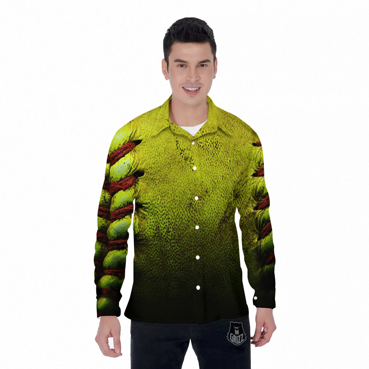 Texture Softball Ball Print Men's Long Sleeve Shirts-grizzshop