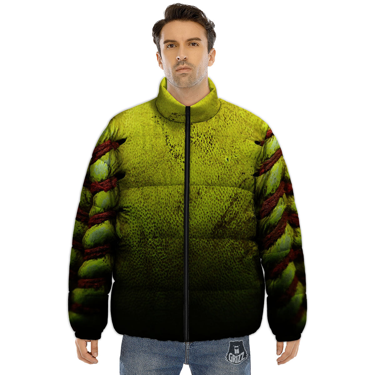 Texture Softball Ball Print Puffer Jacket-grizzshop