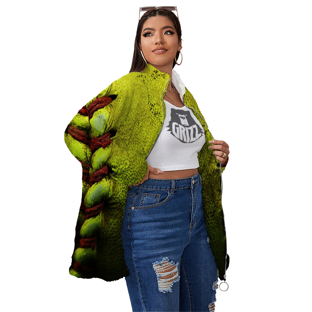 Texture Softball Ball Print Women's Sherpa Jacket-grizzshop