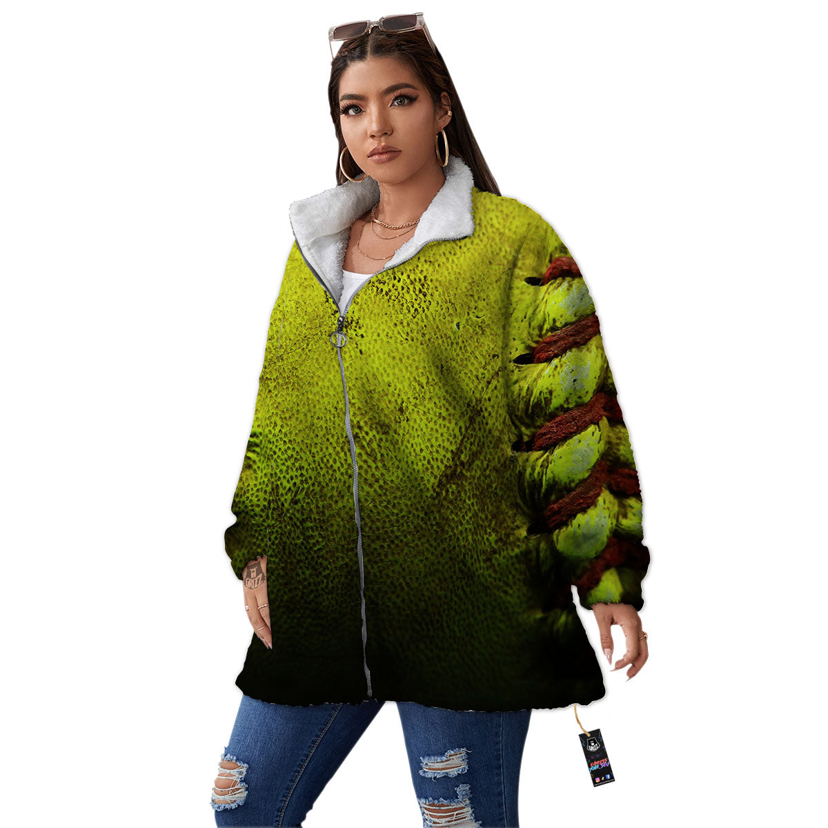Texture Softball Ball Print Women's Sherpa Jacket-grizzshop