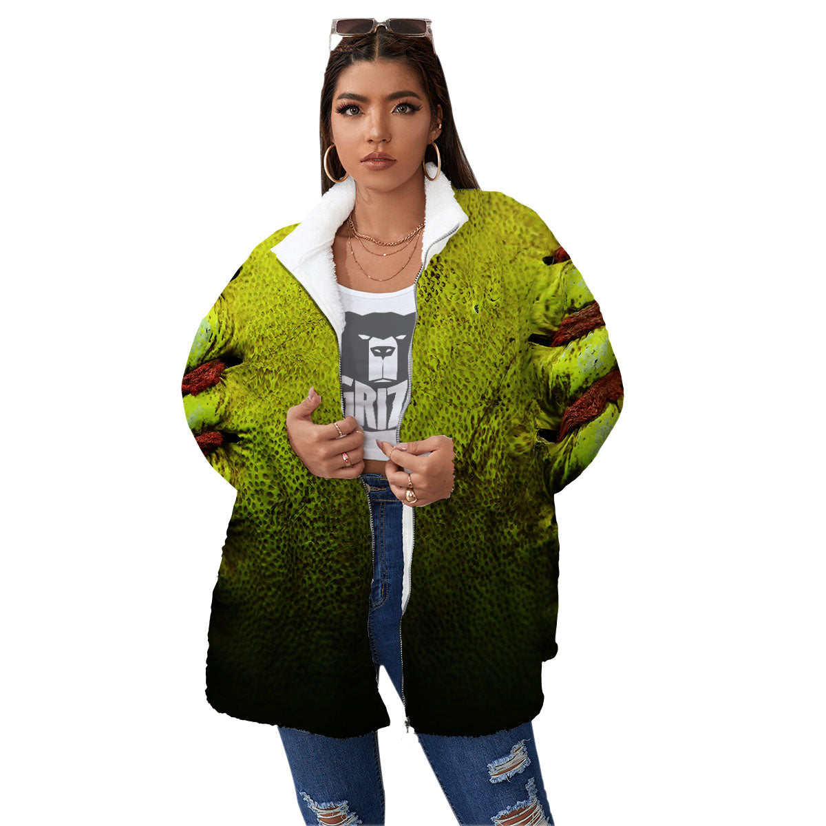 Texture Softball Ball Print Women's Sherpa Jacket-grizzshop