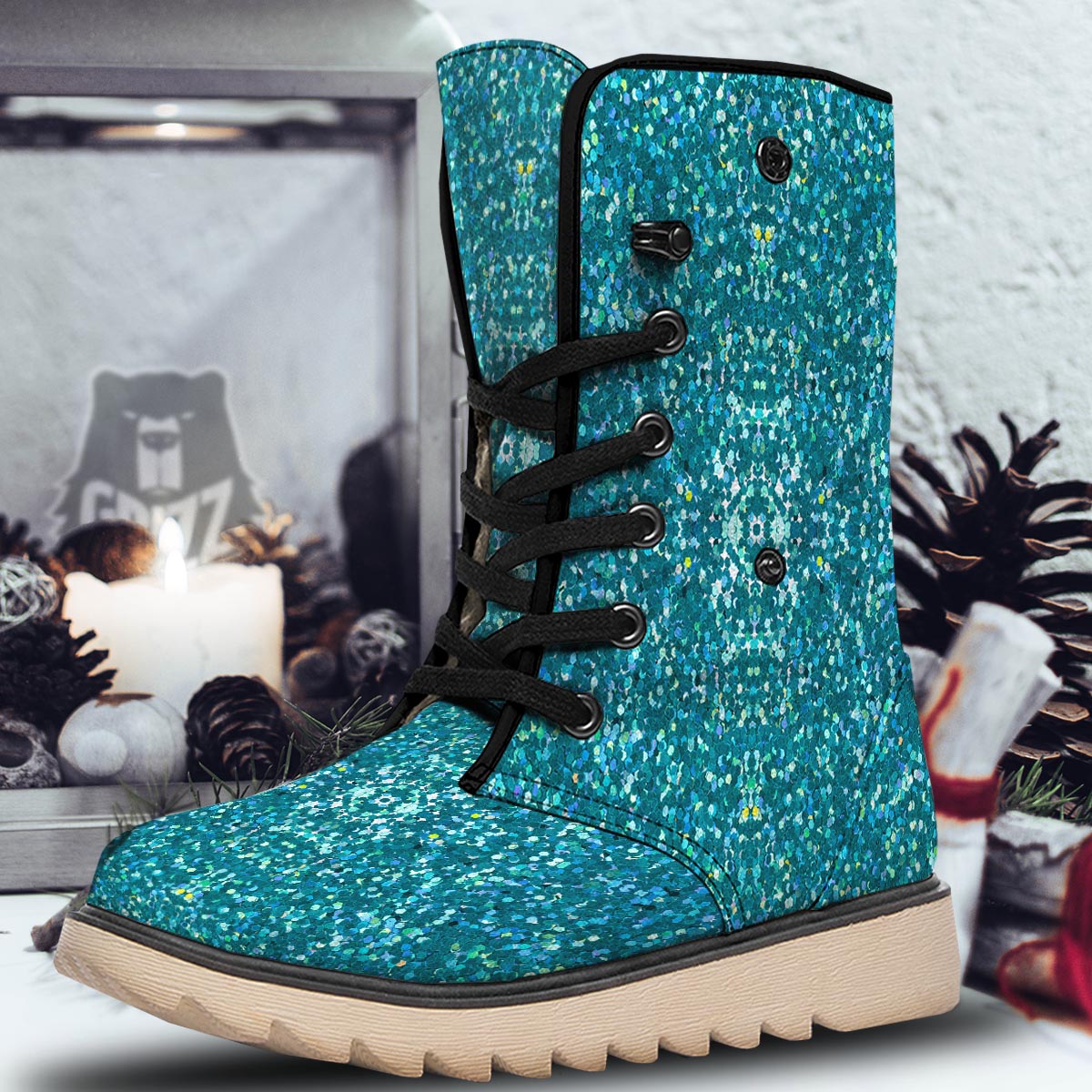 Texture Teal Glitter Print Pattern Snow Boots-grizzshop