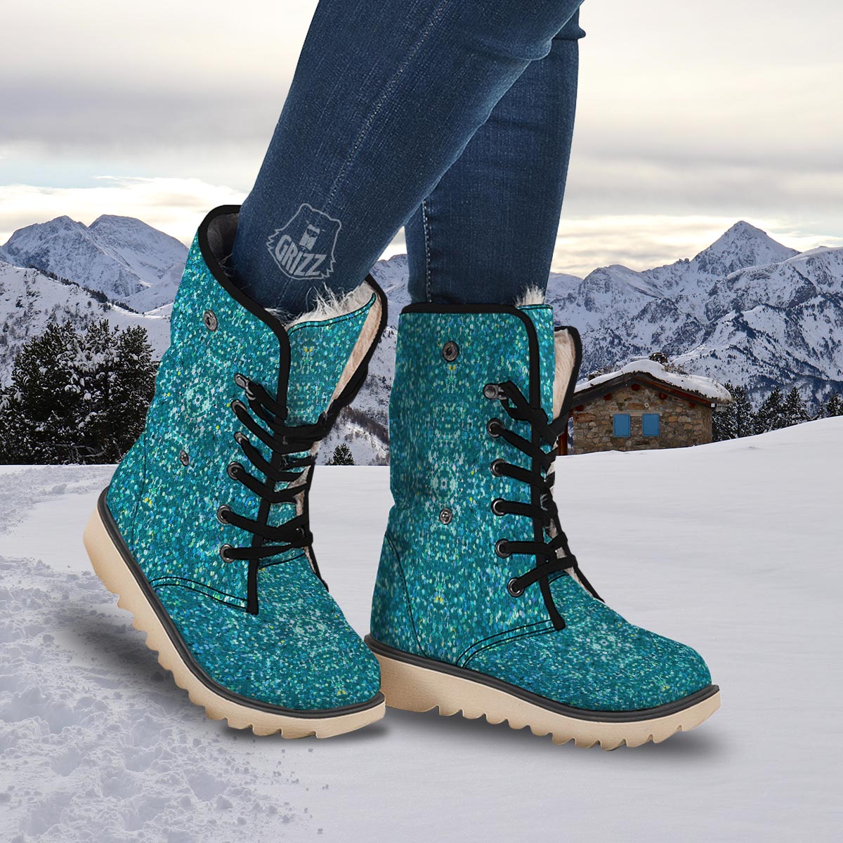 Texture Teal Glitter Print Pattern Snow Boots-grizzshop
