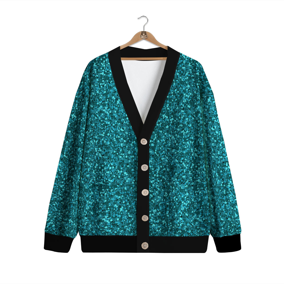 Texture Turquoise Glitter Print Pattern Cardigan-grizzshop