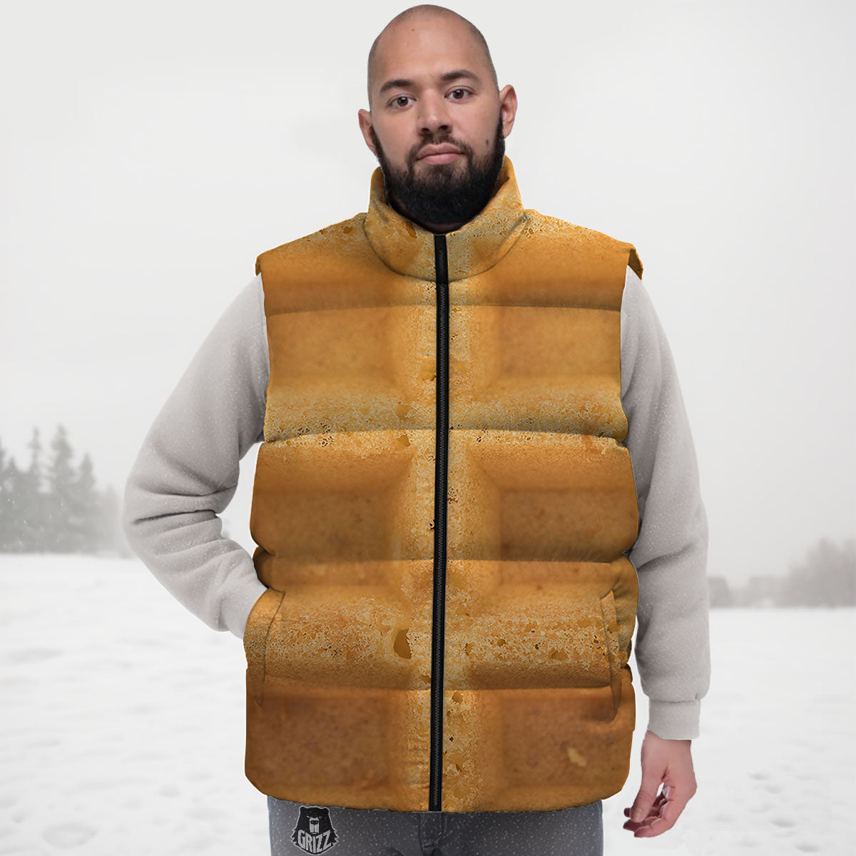 Texture Waffle Print Down Vest-grizzshop