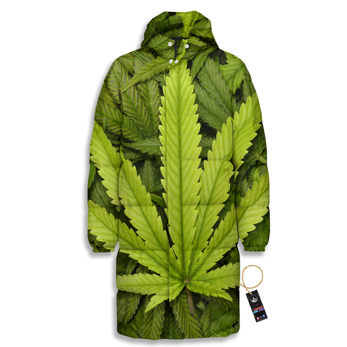 Texture Cannabis Print Long Down Jacket