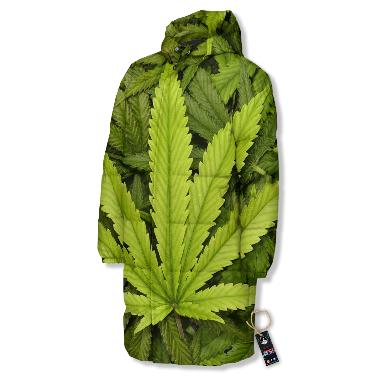 Texture Cannabis Print Long Down Jacket