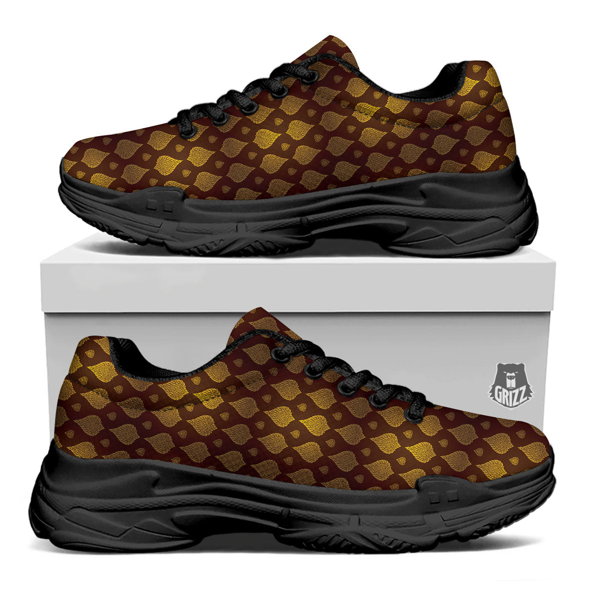 Thai Art Brown And Gold Print Pattern Black Chunky Shoes-grizzshop
