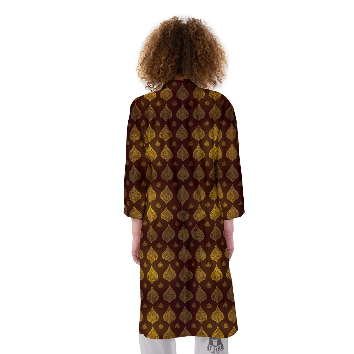 Thai Art Brown And Gold Print Pattern Kimono-grizzshop